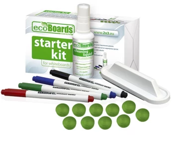 Zestaw startowy do tablic suchościeralnych ecoBoards, 2x3, 4 markery, 10 magnesów, 5 filców, wycierak magnetyczny, środek czyszczący w sprayu