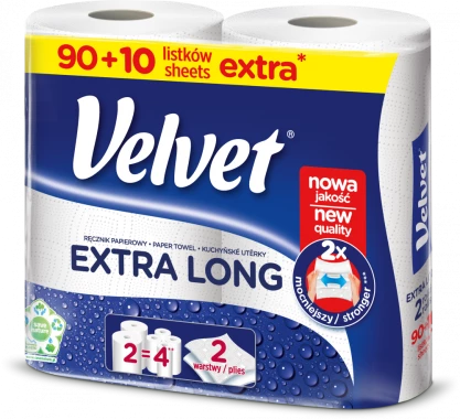 Ręcznik papierowy Velvet Extra Long, 2-warstwowy, 2x19.8m, w roli, 2 rolki, biały