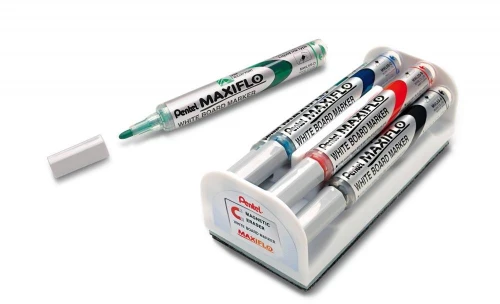 Marker suchościeralny Pentel Maxiflo MWL5M, z tłoczkiem, okrągła, 4 sztuki, 6mm, mix kolorów + gąbka magnetyczna