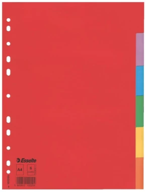 Przekładki kartonowe gładkie z kolorowymi indeksami Esselte, A4, 6 kart, mix kolorów