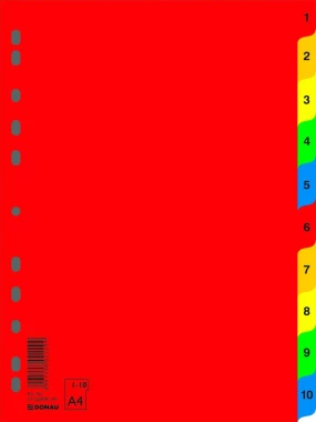 Przekładki plastikowe numeryczne z kolorowymi indeksami Donau, A4, 1-10 kart, mix kolorów