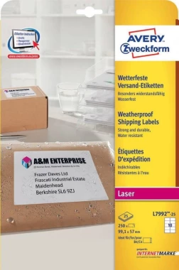 Etykiety wysyłkowe wodoodporne Avery Zweckform, 99,1x57mm, 25 arkuszy, biały