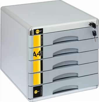 Pojemnik Yellow One, z 5 szufladami na klucz, do dokumentów,  A4, srebrny
