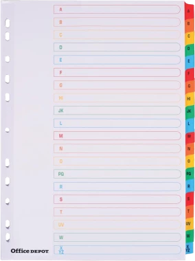 Przekładki kartonowe alfabetyczne z kolorowymi indeksami Office Depot, A4, 20 kart, biały