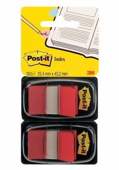 Zakładki samoprzylepne Post-it proste, indeksujące, folia, półtransparentne, 25x43mm, 2x50 sztuk, czerwony