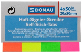 Zakładki samoprzylepne Donau proste, indeksujące, papier, 20x50mm, 4x50 sztuk, mix kolorów