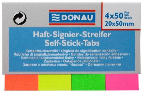 Zakładki samoprzylepne Donau proste, indeksujące, papier, 20x50mm, 4x50 sztuk, mix kolorów