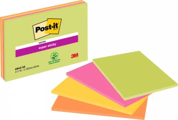 Karteczki samoprzylepne Post-it Super Sticky, 200x149mm, 4x45 karteczek, mix kolorów neonowych