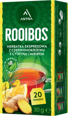 Herbata ziołowa w torebkach Astra Rooibos, cytryna i imbir, 20 sztuk x 1.5g