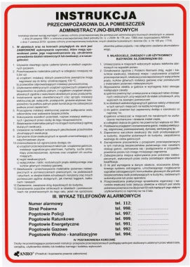 Tabliczka informacyjna Anro, "Instrukcja przeciwpożarowa dla pomieszczeń administracyjno-biurowych"