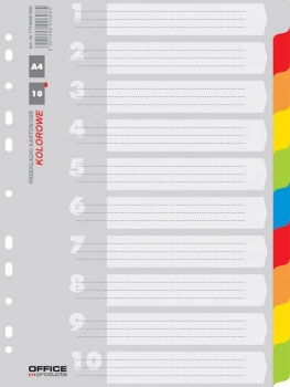 Przekładki kartonowe gładkie z kolorowymi indeksami Office Products, A4, 10 kart, mix kolorów