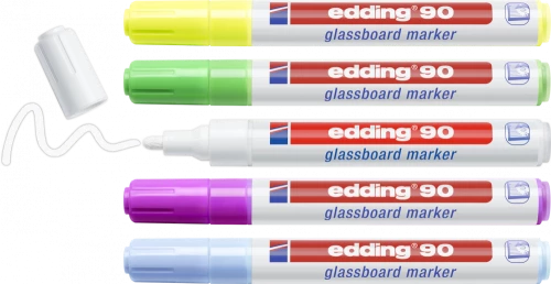 Marker do tablic szklanych edding 90, 2-3mm, 5 sztuk w etui, biały+mix kolorów