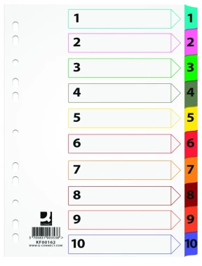 Przekładki kartonowe numeryczne z kolorowymi indeksami Q-Connect Mylar, laminowane, A4, 10 kart, mix kolorów