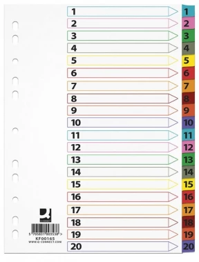 Przekładki kartonowe numeryczne z kolorowymi indeksami Q-Connect, laminowane, A4, 20 kart, mix kolorów