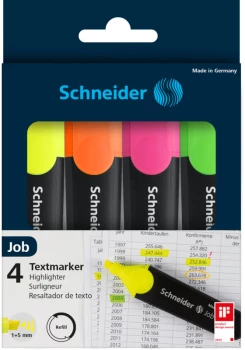 Zakreślacz Schneider, Job,  ścięta, 4 sztuki, mix kolorów