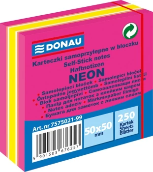 Karteczki samoprzylepne Donau, 50x50mm, 250 karteczek, neon-pastel, mix różowy