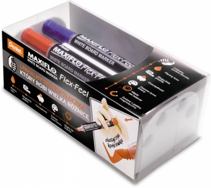 Marker suchościeralny Pentel, Maxiflo Flex-Feel MWL5SBF, 4mm, 4 sztuki + gąbka magnetyczna