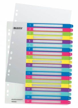 Przekładki plastikowe numeryczne Leitz WOW, do nadruku tekstu na kartę, A4+, 20 przekładek, mix kolorów