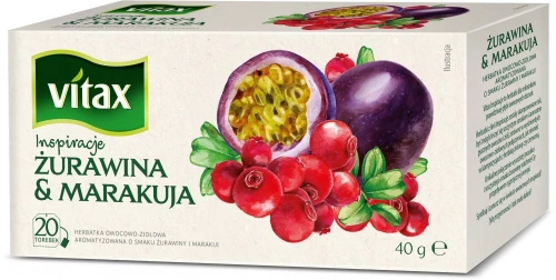 Herbata owocowa w torebkach Vitax Inspirations, żurawina i marakuja, 20 sztuk x 2g