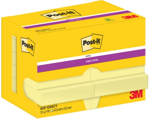Karteczki samoprzylepne Post-it Super Sticky, 47,6x47,6mm, 12x90 karteczek, żółty