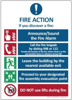 Tabliczka informacyjna Anro, IN001EN, ISO7010, "Instrukcja przeciwpożarowa alarmowa z windą"