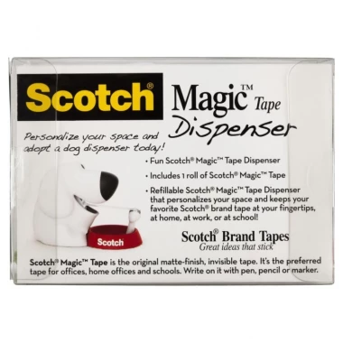Podajnik do taśmy klejącej Scotch, w kształcie pieska (C31-DOG)+ taśma Scotch Magic 19mmx8.89m, biało-czerwony