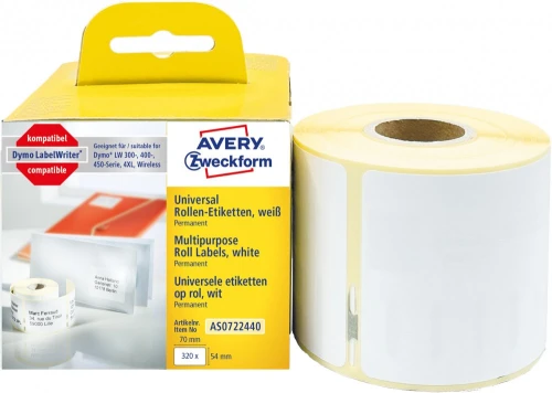 Etykiety uniwersalne Avery Zweckform, w rolce, do drukarek termicznych Dymo TM,  54 x 70mm, 320 etykiet/1 rolka, biały
