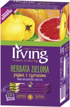 Herbata zielona smakowa w kopertach Irving, pigwa z cytrusami, 20 sztuk x 1.5g