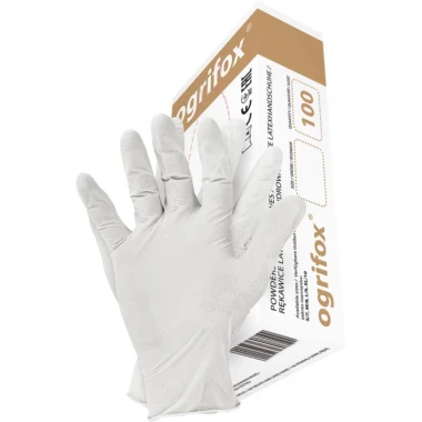 Rękawice lateksowe Ogrifox, rozmiar S, pudrowane, 100 sztuk, biały (c)