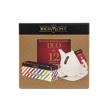 Zestaw porcelanowy do zaparzania herbaty Richmont Duo (dzbanek porcelanowy z filiżanką i spodkiem 450ml)+zestaw 12 herbat Richmont Traditional w torebkach