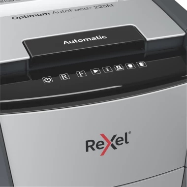 Niszczarka automatyczna Rexel Optimum AutoFeed+ 225M, mikrościnek 2x15 mm, 225 kartek, P-5 DIN, czarno-srebrny