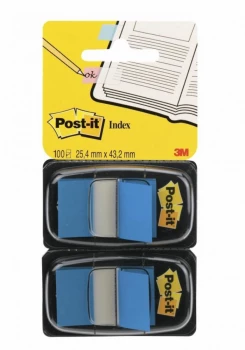 Zakładki samoprzylepne Post-it (680-B2EU), proste, indeksujące, folia, pótransparentne, 25.4x43.2mm, 2x50 sztuk, niebieski