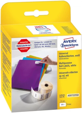Etykiety uniwersalne usuwalne Avery Zweckform, w rolce, do drukarek termicznych Dymo LabelWriter, 500 etykiet, 19x51mm, 1 rolka, biały
