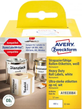 Etykiety Avery Zweckform Heavy Duty, w rolce, do drukarek termicznych DymoTM, 32x57mm, 400 etykiet/1 rolka, poliestrowe, biały