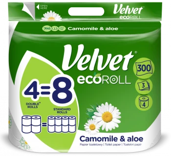 Papier toaletowy Velvet EcoRoll, rumiankowy, 3-warstwowy, 4 rolki, biały