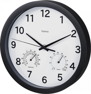 Zegar ścienny Hama Pure Plus, z termometrem i higrometrem, 25cm, tarcza kolor biały, rama kolor czarny