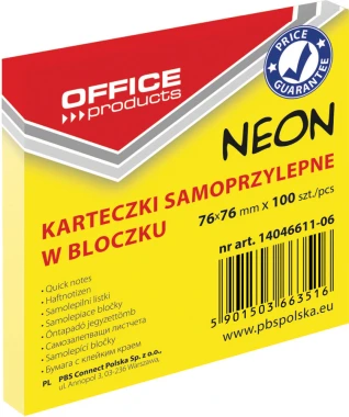 Karteczki samoprzylepne Office Products, 76x76mm, 100 karteczek, neonowy żółty