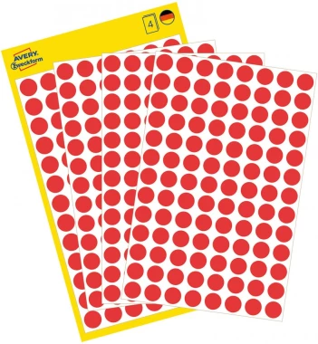 Etykiety usuwalne Avery Zweckform, okrągłe, średnica 8mm, 4 arkusze, 416 sztuk, czerwony