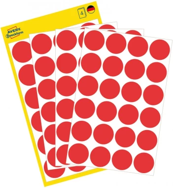 Etykiety usuwalne Avery Zweckform, okrągłe, średnica 18mm, 4 arkusze, 96 sztuk, czerwony