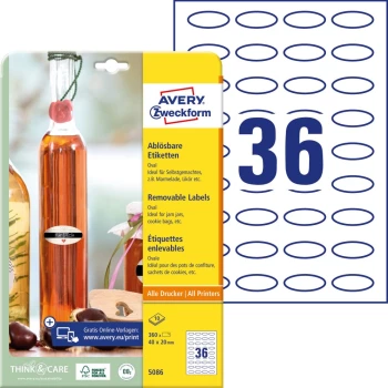 Etykiety usuwalne na butelki Avery Zweckform, 40x20mm, 10 arkuszy, owalne, biały