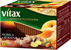 Herbata owocowo-ziołowa w kopertach Vitax z korzennymi przyprawami, morela/rokitnik/imbir, 15 sztuk x 2g
