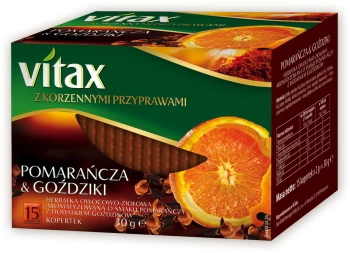 Herbata owocowo-ziołowa w kopertach Vitax z korzennymi przyprawami, pomarańcza i goździki, 15 sztuk x 2g