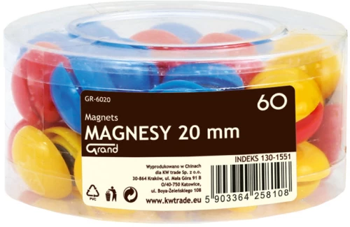 Magnesy Grand GR6020, 20mm, 60 sztuk, mix kolorów