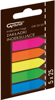 Zakładki samoprzylepne Grand GR-Z5-25, strzałki, indeksujące, folia, 45x12mm, 5x25 sztuk, mix kolorów