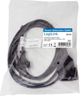 Przedłużacz LogiLink CP122 Euro CEE 7/16, 1m, czarny
