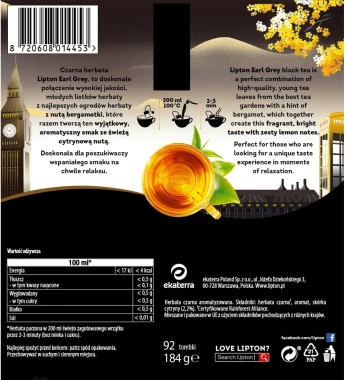 Herbata Earl Grey czarna w torebkach Lipton Lemon, 92 sztuk x 2g