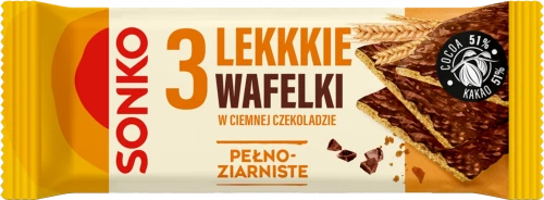 Lekkie wafelki Sonko, pełnoziarniste w ciemnej czekoladzie, 3 sztuki, 36g