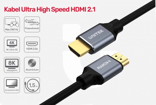 Kabel HDMI Unitek Ultra High Speed HDMI 2.1, 1.5m, czarny