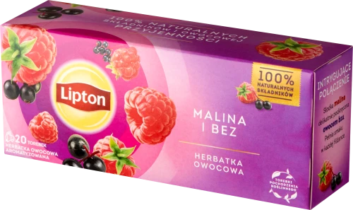 Herbata owocowa w torebkach Lipton, malina i bez, 20 sztuk x 1.6g
