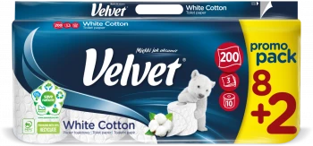 Papier toaletowy Velvet White Cotton, 3-warstwowy, 8+2 rolek, 25m, biały